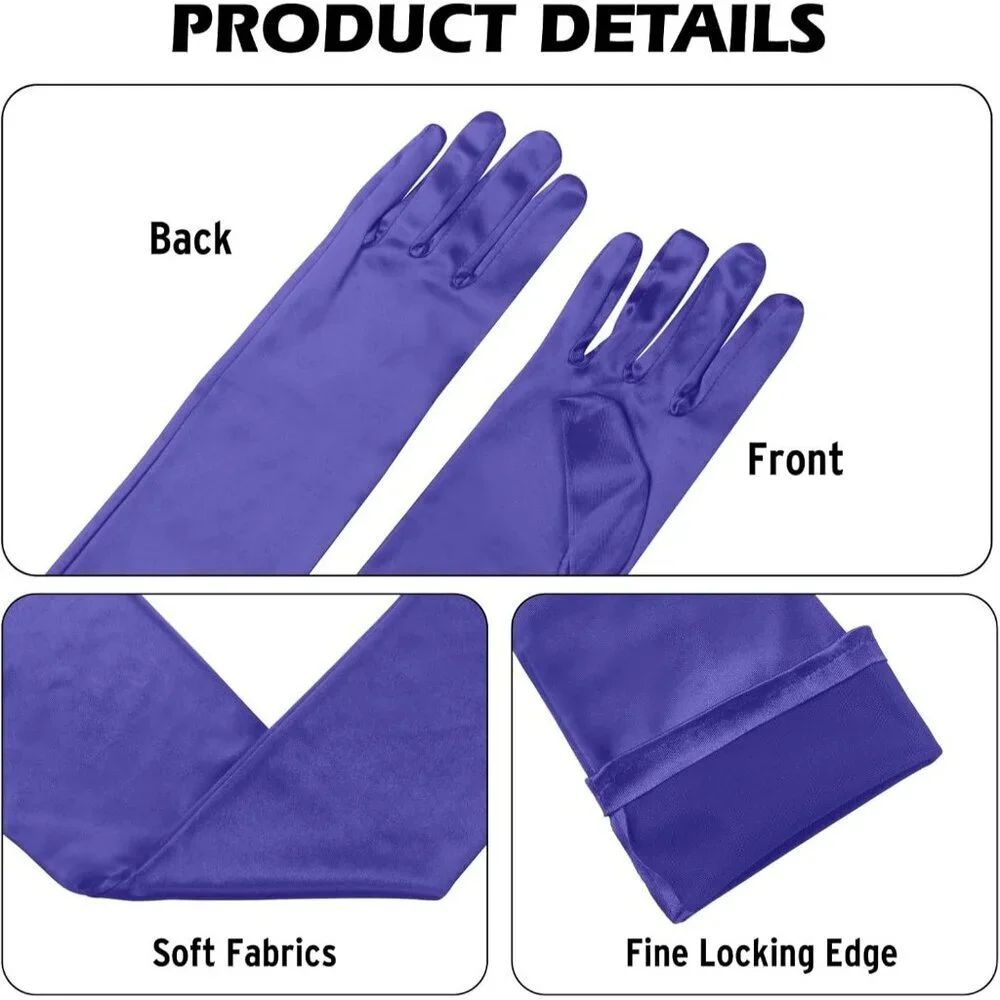 Women's Purple Long Satin Opera Fabric Gloves Party Tea Stretchy Elbow Length
